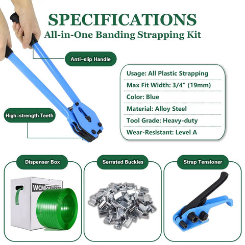 High Grade Pallet Strapping Kit That Slaps Includes 5 8 Inch 1000 Ft PET Strap Roll Steel Seals Manual Sealer And Ratchet Tensioner, blue alloy steel tools and anti-slip handle.