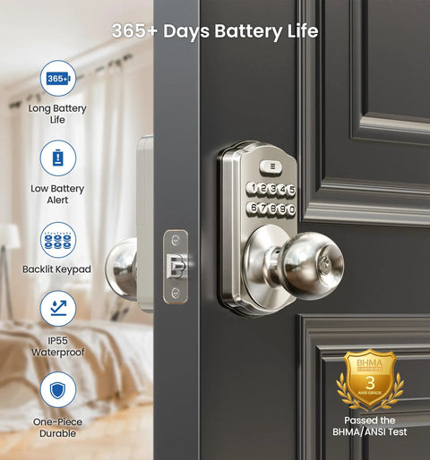 Keyless Entry Door Lock With Keypad And Handle, Hassle Free No Key Needed Digital Smart Knob For Front Door And Bedroom, Satin Nickel Finish, showing backlit keypad and installed on door.