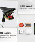 Compact Under Seat Bike Saddle Bag For Road Bikes Ultra Lightweight With Multi Pocket Storage 0.35L Capacity Ideal For City Commutes And Weekend Rides Everyday shown attached under a bike seat and displayed with contents