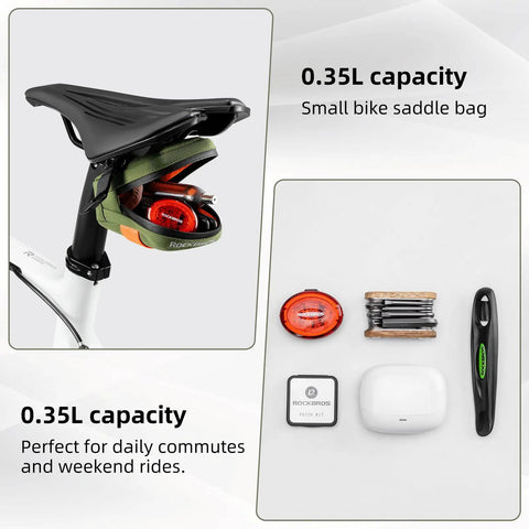 Compact Under Seat Bike Saddle Bag For Road Bikes Ultra Lightweight With Multi Pocket Storage 0.35L Capacity Ideal For City Commutes And Weekend Rides Everyday shown attached under a bike seat and displayed with contents