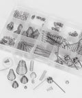 Stainless Steel Conical Compression Spring Set 123-Piece 10-Size Assortment Kit in transparent box with tapered small springs