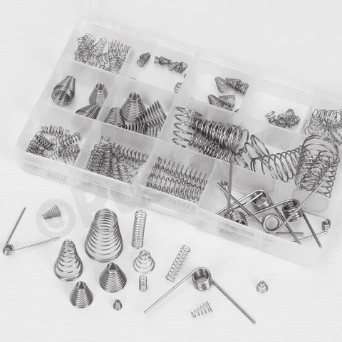 Stainless Steel Conical Compression Spring Set 123-Piece 10-Size Assortment Kit in transparent box with tapered small springs
