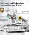 High Pressure Shower Head With Handheld 10 Functions Pause Mode Power Wash Non Clogging Nozzles showing leakproof hose