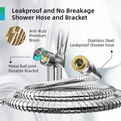 High Pressure Shower Head With Handheld 10 Functions Pause Mode Power Wash Non Clogging Nozzles showing leakproof hose