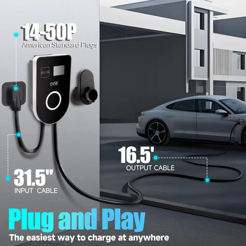 Top Shelf Smart Wifi Level 2 Ev Charger Station 48 Amps Adjustable 240 Volt Home Electric Vehicle Rapid Charge J1772 Connector Nema 14 50 Plug 165 Ft Cord App Sync Rfid Card Sweet Range Boost Zero Sweat Setup mounted on wall with EV charging cable