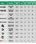 Diagram of drain augers and cutters from Ten Piece Pipe Fighter Drain Cleaning Kit featuring specifications and details.