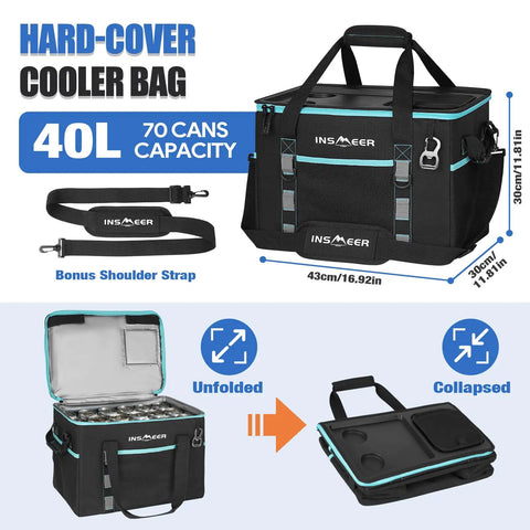 Hard Shell Hybrid Soft Cooler Bag With Two Cup Holders Portable 40L Insulated Collapsible Cooler For Travel Beach Camping Picnic Leakproof Ice Chest Lunch Box Keeps Ice Longer Space Saving, showcasing unfolded and collapsed views with a bonus shoulder strap.