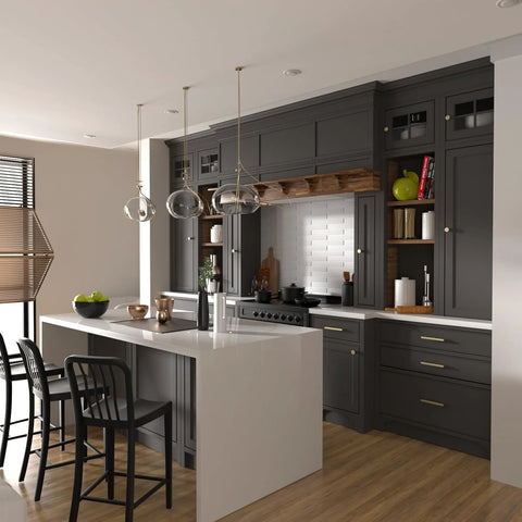 Modern kitchen with cabinets featuring 25 Pack Matte Gold Cabinet Pulls With 5 Inch Center To Center Hole Spacing Brushed Brass Kitchen Drawer Handles.