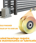 Gold finished V groove gate roller wheel with sealed bearings, holds up to 2500 lbs, part of 2 Sets Rock Solid 4 Inch V Groove Gate Roller Wheels Hardened Steel Double Ball Bearing 3000 lbs Capacity Built Tough For Reliable Heavy Duty Sliding Gates.