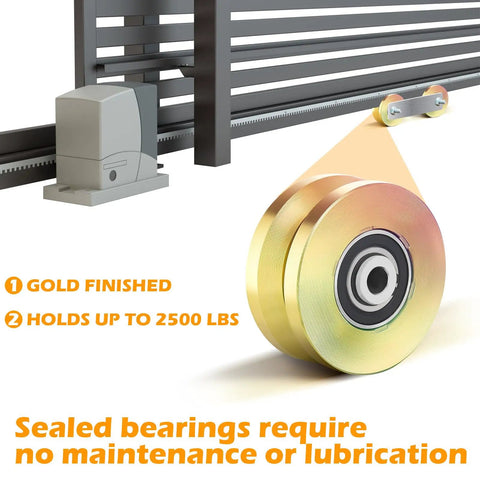 Gold finished V groove gate roller wheel with sealed bearings, holds up to 2500 lbs, part of 2 Sets Rock Solid 4 Inch V Groove Gate Roller Wheels Hardened Steel Double Ball Bearing 3000 lbs Capacity Built Tough For Reliable Heavy Duty Sliding Gates.