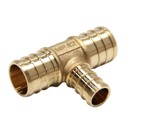 Pack Of 10 PEX Reducing Tee Brass Barb Crimp Fittings 3/4 In By 3/4 In By 1/2 In DZR Brass Pro Grade DIY Friendly For Home Plumbing ASTM F1807 NSF Cert Works With Stainless Steel Clamp And Copper Crimp Ring Systems Leak Proof