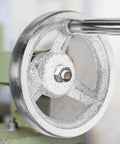 Pro Grade Ergonomic Lathe Hand Wheel Set, Carbon Steel, Chromed Finish, Square Edge Design, 2 Pack Reducing Hand Fatigue For Milling And Drilling Machines, Universal Fit For Long Run Sessions close-up mounted on machine