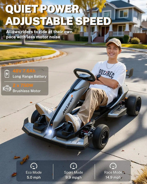 Teen riding Licensed McLaren 48V Go Kart For Ages 14 And Up Dual 750W Brushless Motors Up To 15 MPH in a suburban setting