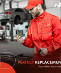 Mechanic holding car part in repair shop, promoting Front HVAC Blower Motor Resistor for Volkswagen VW 1K0959263A Easy Install