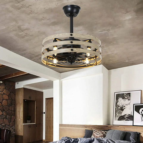Cool Farmhouse 18 Inch Ceiling Fan With Lights Remote Control Flush Mount White Caged Design in modern living room