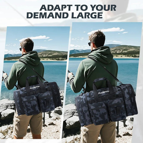 Man by lake with Expandable Fishing Tackle Bag With Zip Expandable Design Water Resistant Shoulder Bag for anglers