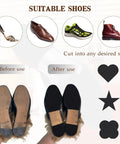 Durable One Sixteenth Inch Thick Rubber Shoe Soling Sheet With Grippy Diamond Pattern For Full Sole Replacement Black Nine By Three Point Five Inches Non Slip Bottom Patch For Sneakers And Boots, showing before and after use on shoe soles