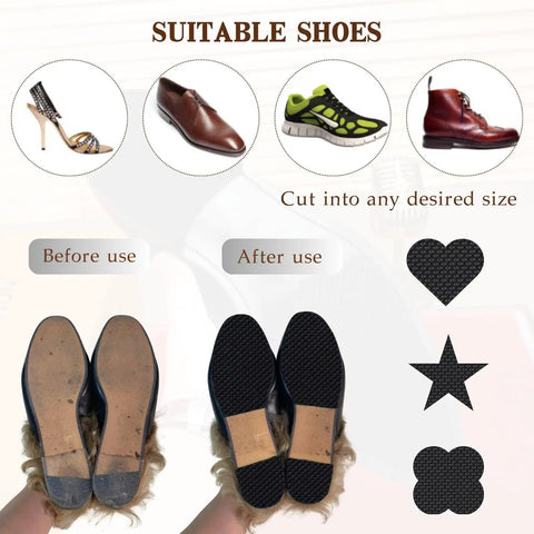 Durable One Sixteenth Inch Thick Rubber Shoe Soling Sheet With Grippy Diamond Pattern For Full Sole Replacement Black Nine By Three Point Five Inches Non Slip Bottom Patch For Sneakers And Boots, showing before and after use on shoe soles