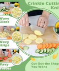 Crinkle cut knife, stainless steel kitchen tool, slicing wavy potato and veggie slices on a cutting board.