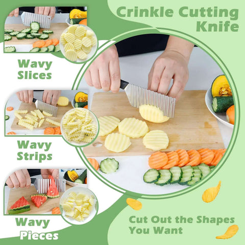 Crinkle cut knife, stainless steel kitchen tool, slicing wavy potato and veggie slices on a cutting board.