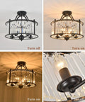 Sleek Black Crystal Chandelier With Five Lights For A Lit Look Semi Flush Mount Ceiling Fixture With K9 Crystals, detail on and off