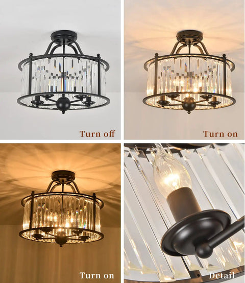 Sleek Black Crystal Chandelier With Five Lights For A Lit Look Semi Flush Mount Ceiling Fixture With K9 Crystals, detail on and off