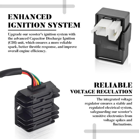 Beefed Up High Performance Ignition Coil Kit With 6 Pin AC CDI Box Regulator Rectifier Solenoid Relay D8TC Spark Plug And Fuel Filter For CG150cc 200cc 250cc Chinese ATVs Quad Go Karts showing CDI unit and voltage regulator.