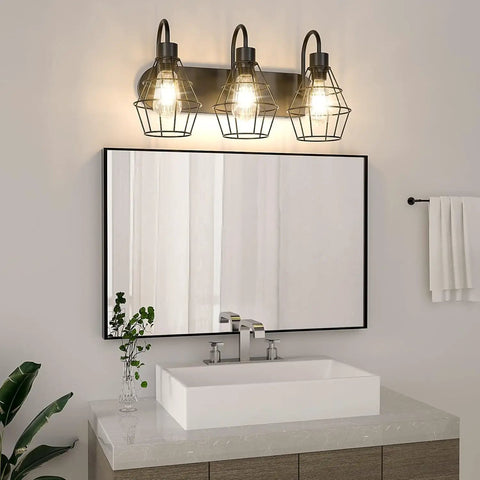 Retro Industrial Bathroom Vanity Light With Cage Shades 3 Light Matte Black Wall Sconce Farmhouse Vibe above mirror