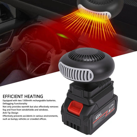 Quick Warm Up Battery Operated Compact Warmer With Anti Tip Safety For Cars Homes Outdoors Dual Rechargeable Lithium Cells Fast Windscreen Defroster showing heating effect in car.