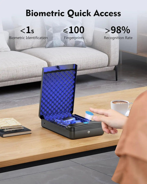 Open Compact Biometric Gun Safe For Handgun With Quick Access Fingerprint Lock on table, showing foam-lined interior