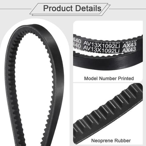 Close-up of Two Pack AX43 EPDM V Belt Cogged Raw Edge 43 Inch Inside 45 Inch Outside One Half Inch Wide