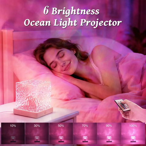 Woman sleeping with Ocean Wave Projector Light With 16 RGB Colors And Four Modes, showing brightness levels, remote in hand