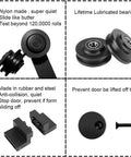 Components of Heavy Duty Bypass Barn Door Hardware Kit With One Track And Mute Rollers shown with nylon rollers and rubber stop