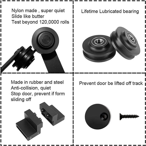 Components of Heavy Duty Bypass Barn Door Hardware Kit With One Track And Mute Rollers shown with nylon rollers and rubber stop