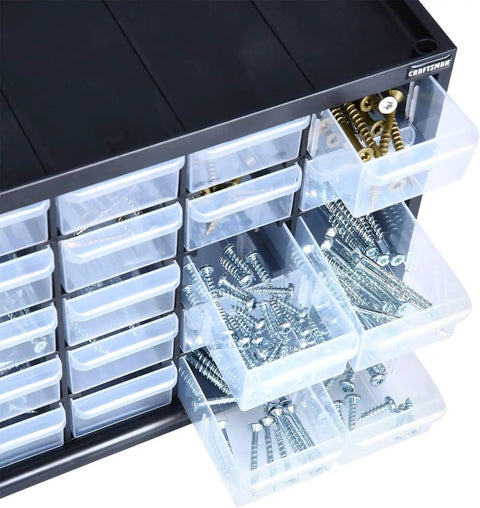 30 Drawer Plastic Storage Organizer With Stackable Modular System For Workshop Garage Craft Room And Home Office Use Transparent Drawers For Easy Visibility Of Small Parts Built Tough From Durable Plastic