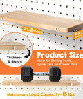 Two Pack Solid Wood Pegboard Shelf Set With No Tilt Balance Twelve By Four Inch Shelves Fit One Quarter Inch Pegboards shown on pegboard.
