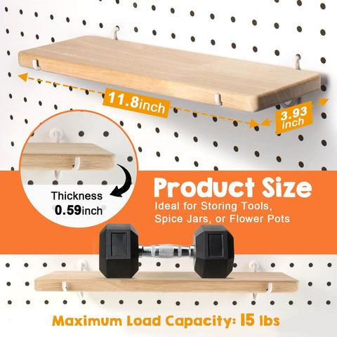 Two Pack Solid Wood Pegboard Shelf Set With No Tilt Balance Twelve By Four Inch Shelves Fit One Quarter Inch Pegboards shown on pegboard.