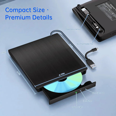 Ultra Portable External Blu Ray Drive With USB 3.0 And Type C For Mac And Windows, No Fuss Plug And Play, Fast 6X Blu Ray, 8X DVD, 24X CD Read Write, Up To 5Gbps USB Speed, Lightweight 0.9 Pound, Ready To Roll, black compact drive with USB cable