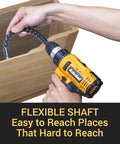 Cordless Ratchet Wrench And Drill Set With 12V Battery Power and flexible shaft in use inside a wooden cabinet
