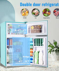 Hella Spacious 3.5 Cubic Feet Retro Mini Fridge With Handle Compact Refrigerator showing double doors, freezer and fridge compartments.