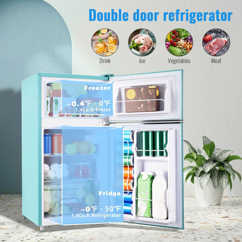 Hella Spacious 3.5 Cubic Feet Retro Mini Fridge With Handle Compact Refrigerator showing double doors, freezer and fridge compartments.