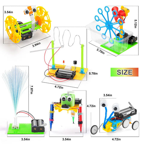 Six In One STEM Robotics Kit For Kids Ages Eight To Twelve with bubble machine doodling robot, lamp, car, reptile robot.