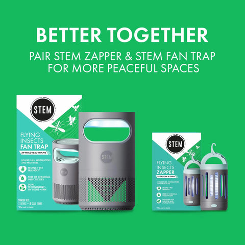 Stem insect zapper and fan trap set against a green background, showcasing packaging and zapper units for fly control.