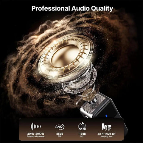 Close-up of audio components in Crazy Tiny Wireless Lavalier Microphone Kit For iPhone, Camera, and Android, showing 48kHz 24-bit quality.