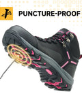 Black and pink waterproof steel toe boots for women wide width, slip-resistant sole, lightweight, durable for construction jobs