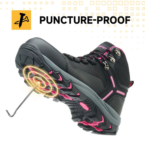 Black and pink waterproof steel toe boots for women wide width, slip-resistant sole, lightweight, durable for construction jobs