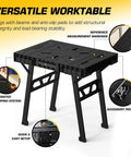 Express Folding Work Table With Quick Setup In Seconds Portable Folding Workbench For Garage And Wood Shop 34W By 25D By 31H Lightweight Clamping Work Surface In Black with features highlighted