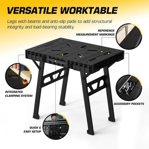 Express Folding Work Table With Quick Setup In Seconds Portable Folding Workbench For Garage And Wood Shop 34W By 25D By 31H Lightweight Clamping Work Surface In Black with features highlighted