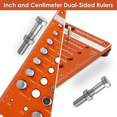 Nut And Bolt Thread Checker Kit With Standard And Metric Gauges 42 Hole Screw Size Tester on orange board with bolts