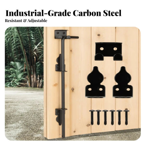 Heavy Duty Tough As Nails Drop Rod Gate Latch For Outdoor Garden Fencing Featuring Solid Retainer Brackets And Complete Mounting Kit, showing industrial-grade carbon steel components.